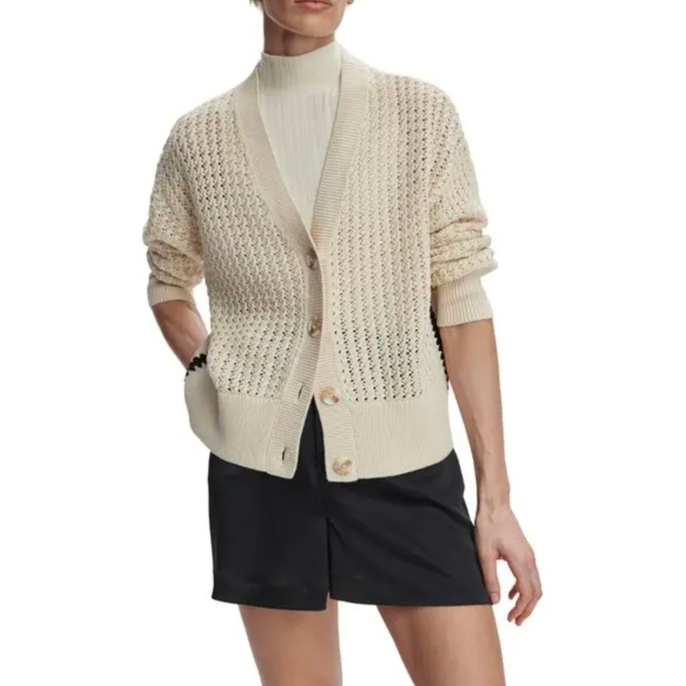 Varley Astell Crochet Trim Cardigan‎ Cream Cotton Quiet Luxury Large